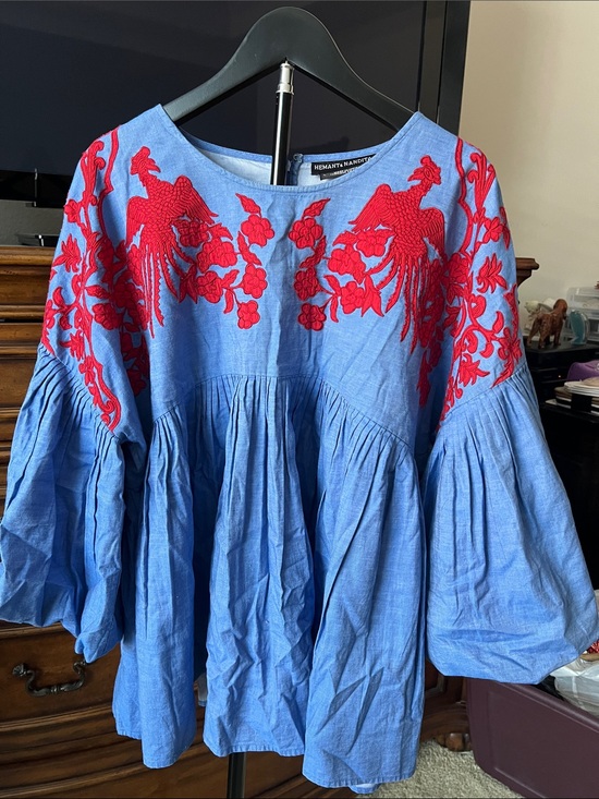 Hemant and Nandita Tops - Hemant and Nandita Sky Blue Tunic with Red Embroidered Birds